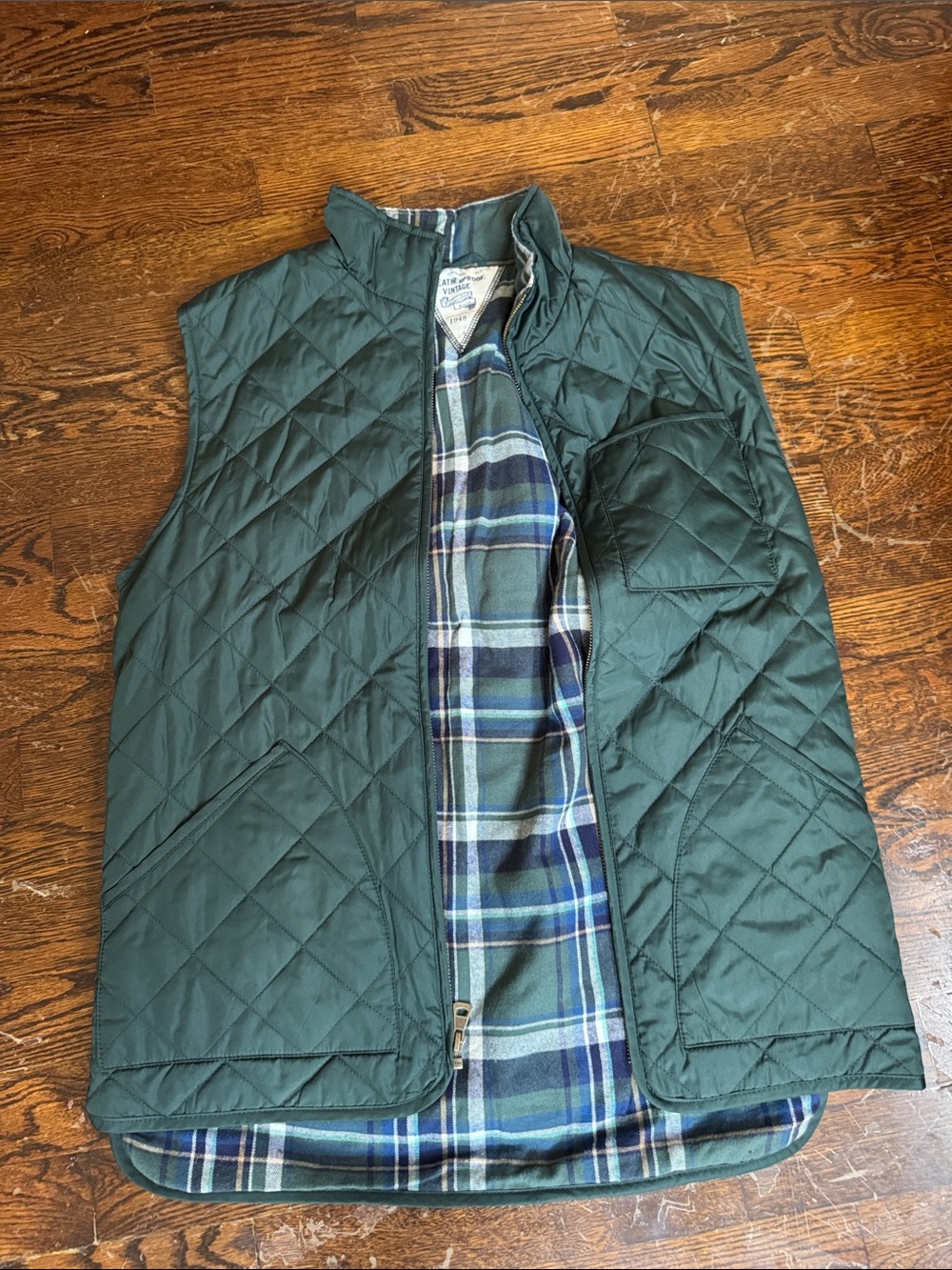 Quilted Forest Green Men's Vest with Plaid Lining